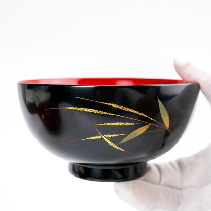 Vintage Wajima Lacquer Bowl Pair — Bamboo Maki-e, Tomobako, Showa 1985