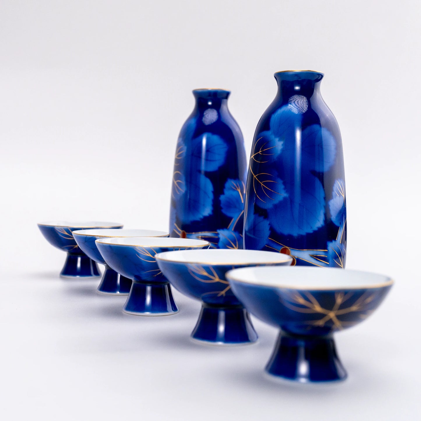 Vintage Fukagawa Sake Set — Ruri Budō Lapis Blue, 7pc
