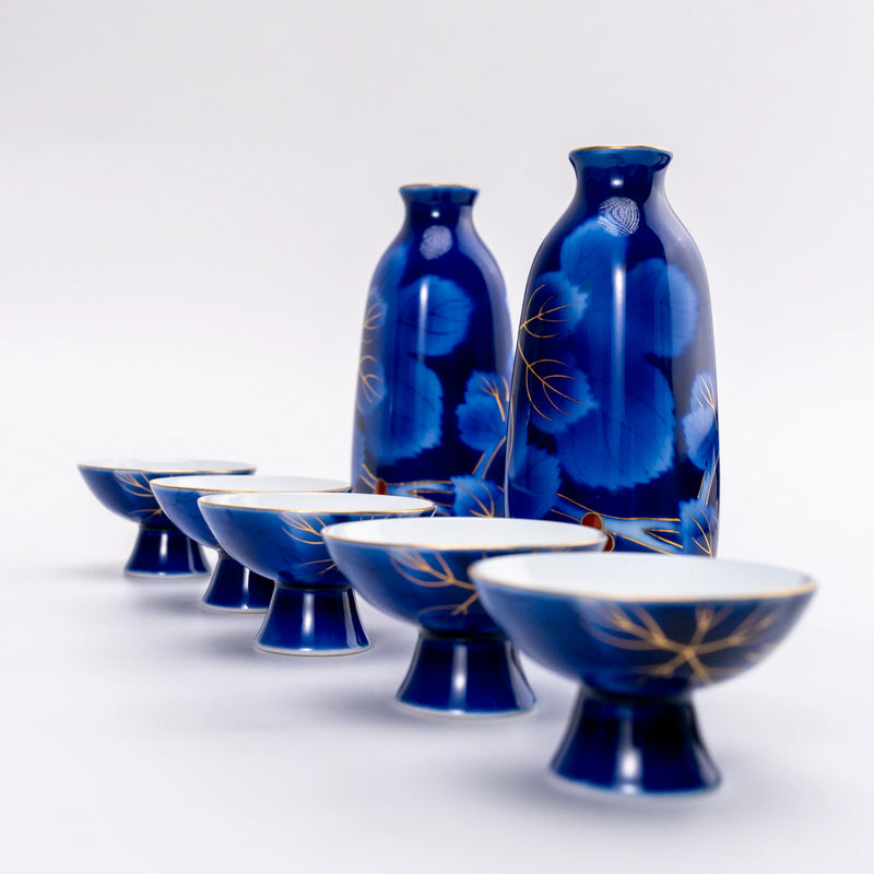 Vintage Fukagawa Sake Set — Ruri Budō Lapis Blue, 7pc