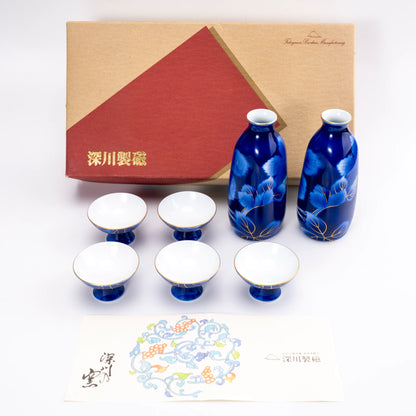 Vintage Fukagawa Sake Set — Ruri Budō Lapis Blue, 7pc