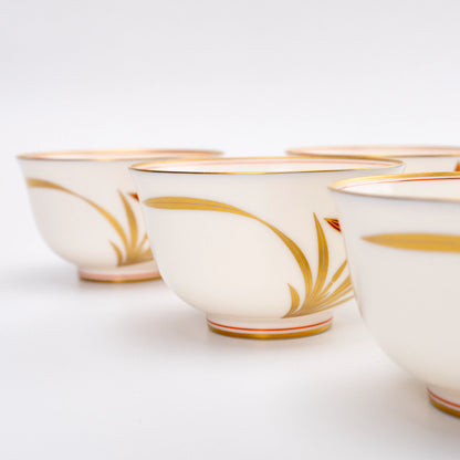 Vintage Japanese Yunomi Set of 5 — Kōransha "Orchid in Gold and Red" (Showa 2 / 1927)