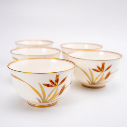 Vintage Japanese Yunomi Set of 5 — Kōransha "Orchid in Gold and Red" (Showa 2 / 1927)