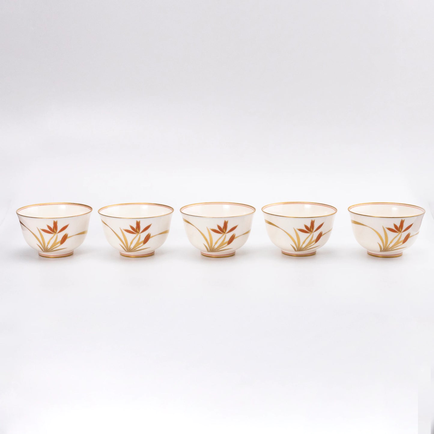 Vintage Japanese Yunomi Set of 5 — Kōransha "Orchid in Gold and Red" (Showa 2 / 1927)