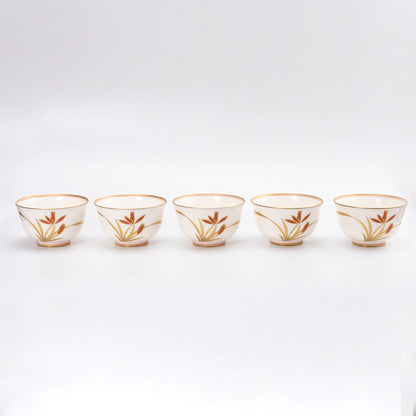 Vintage Japanese Yunomi Set of 5 — Kōransha "Orchid in Gold and Red" (Showa 2 / 1927)