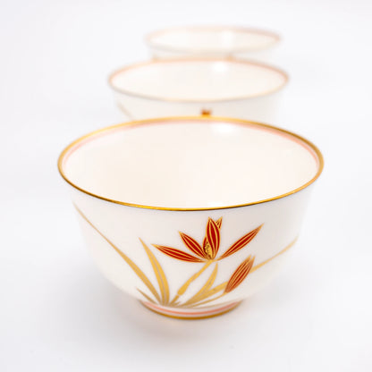 Vintage Japanese Yunomi Set of 5 — Kōransha "Orchid in Gold and Red" (Showa 2 / 1927)