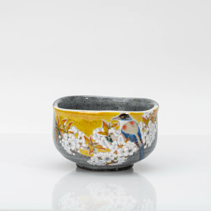 Kutani Matcha Bowl, Yoshidaya Style Bird and Wild Cherry Chawan in Wooden Box