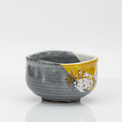 Kutani Matcha Bowl, Yoshidaya Style Bird and Wild Cherry Chawan in Wooden Box