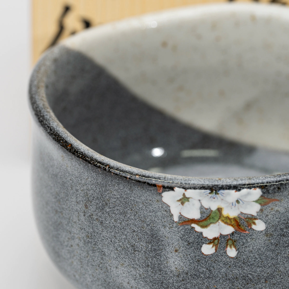 Kutani Matcha Bowl, Yoshidaya Style Bird and Wild Cherry Chawan in Wooden Box