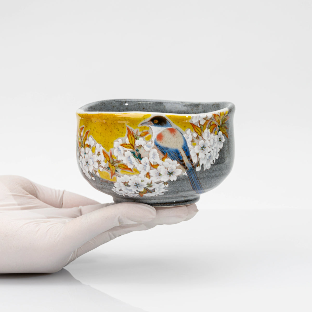 Kutani Matcha Bowl, Yoshidaya Style Bird and Wild Cherry Chawan in Wooden Box