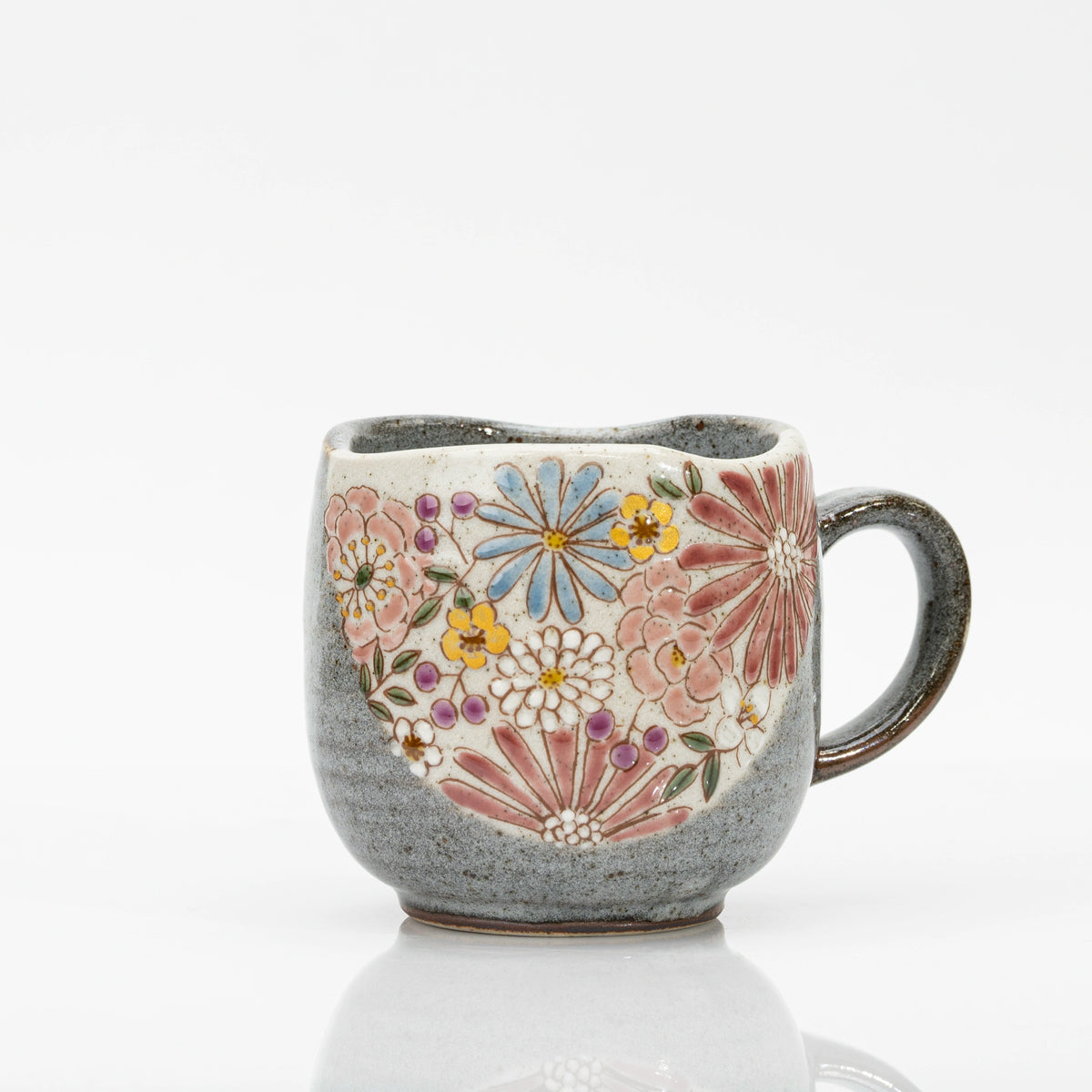 Red Kutani mug with a bouquet of red, pink, blue, yellow and white flowers and purple accents on a cream panel