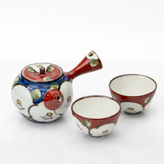 Japanese Camellia Tea Set | Hand-Painted Kyusu & Two Porcelain Cups