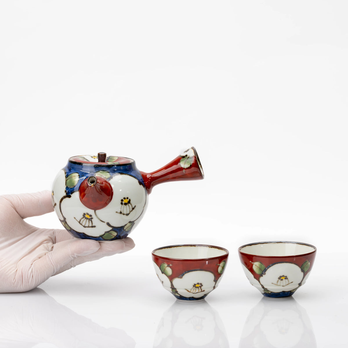 Japanese Camellia Tea Set | Hand-Painted Kyusu & Two Porcelain Cups