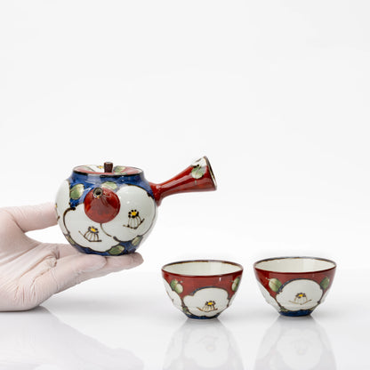 Japanese Camellia Tea Set | Hand-Painted Kyusu & Two Porcelain Cups