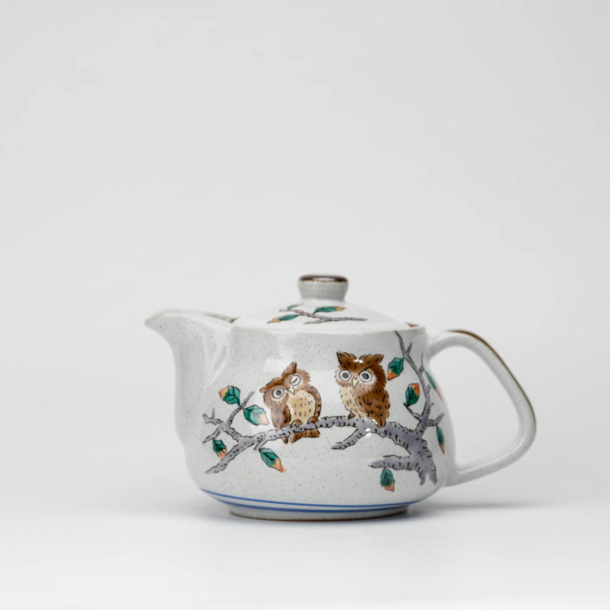 Owl teapot, whole view on a neutral background.