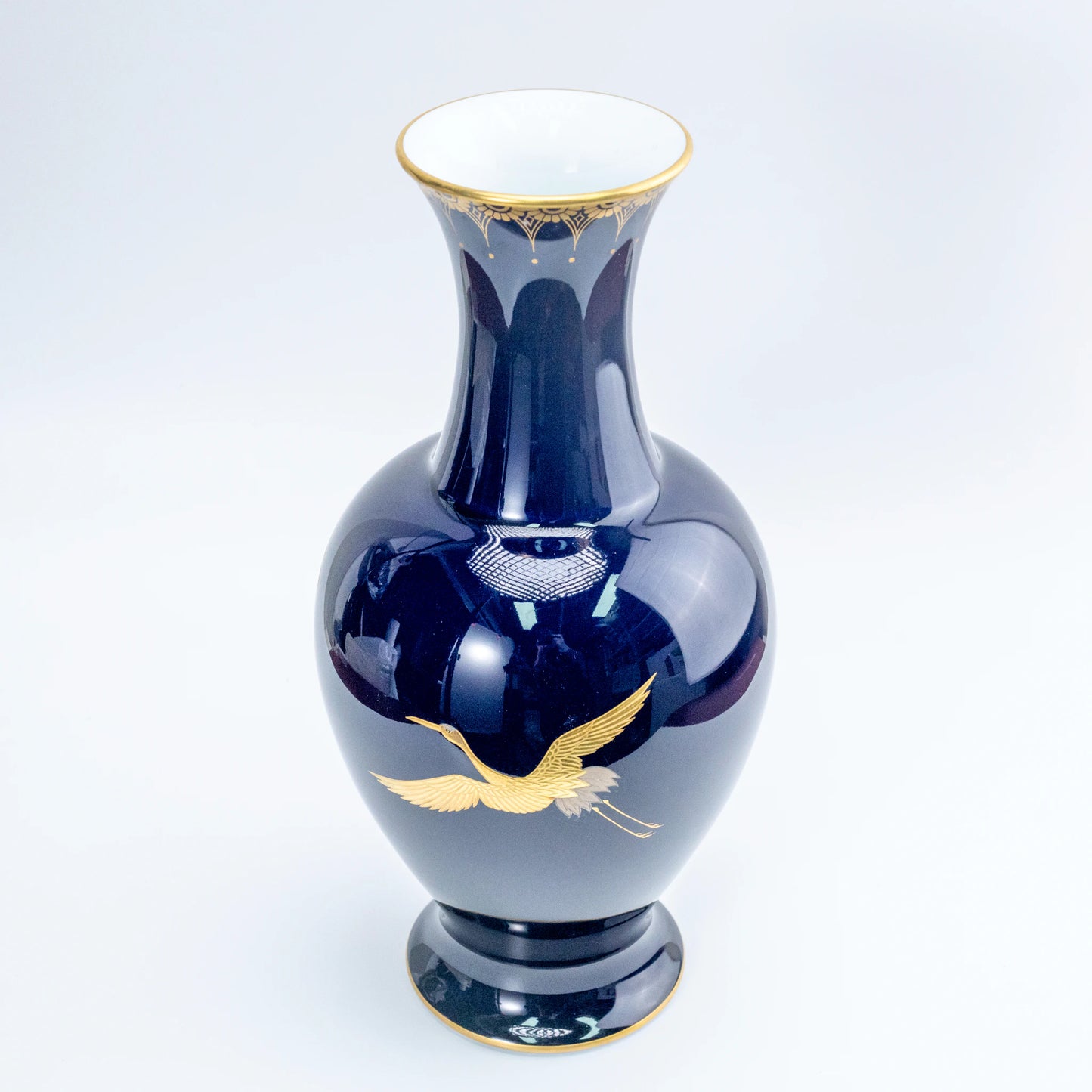 Vintage Koransha Ruri Cobalt Crane Vase — Gold & Silver Tsuru Pair, Arita Porcelain Kabin