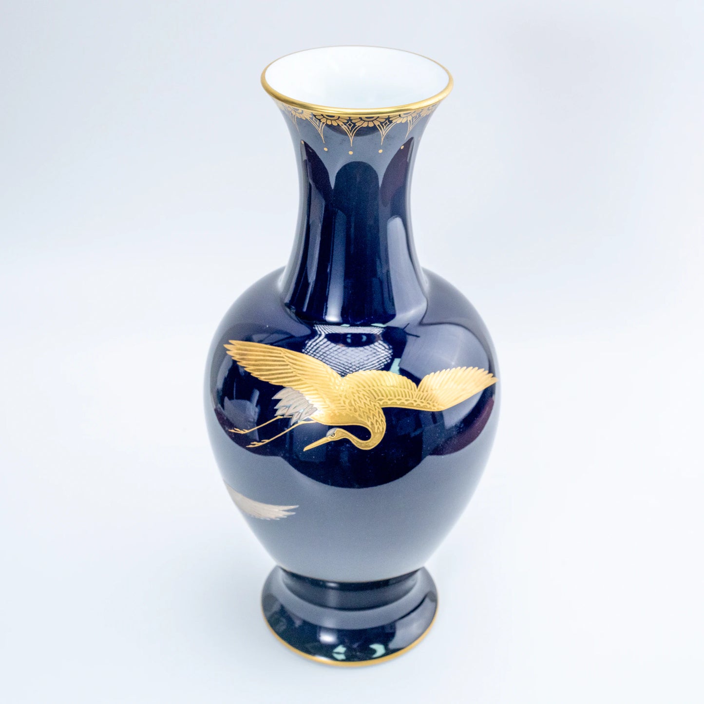 Vintage Koransha Ruri Cobalt Crane Vase — Gold & Silver Tsuru Pair, Arita Porcelain Kabin