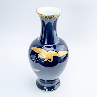 Vintage Koransha Ruri Cobalt Crane Vase — Gold & Silver Tsuru Pair, Arita Porcelain Kabin