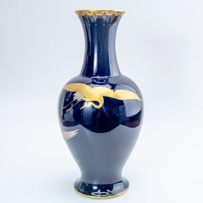 Vintage Koransha Ruri Cobalt Crane Vase — Gold & Silver Tsuru Pair, Arita Porcelain Kabin