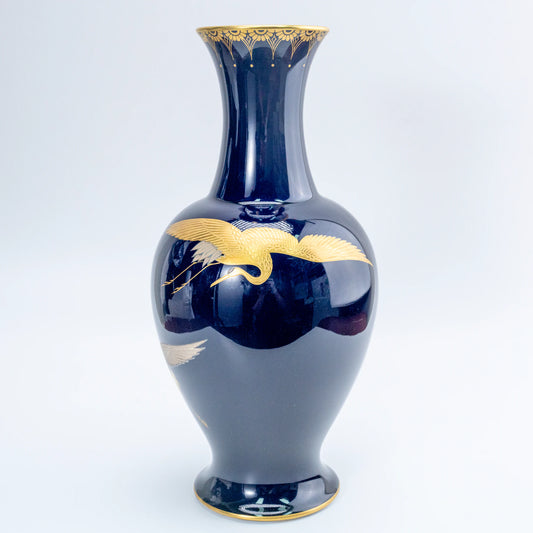Vintage Koransha Ruri Cobalt Crane Vase — Gold & Silver Tsuru Pair, Arita Porcelain Kabin