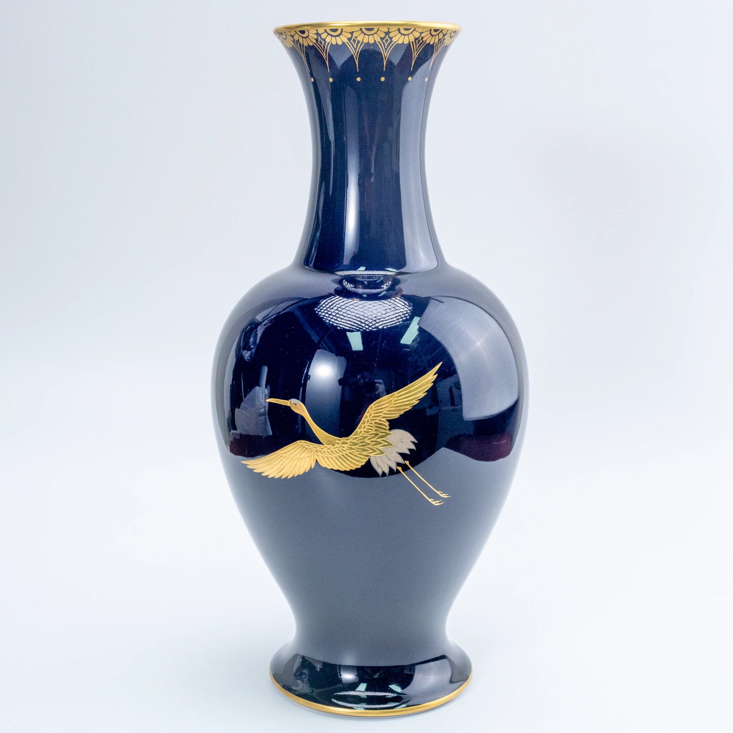 Vintage Koransha Ruri Cobalt Crane Vase — Gold & Silver Tsuru Pair, Arita Porcelain Kabin