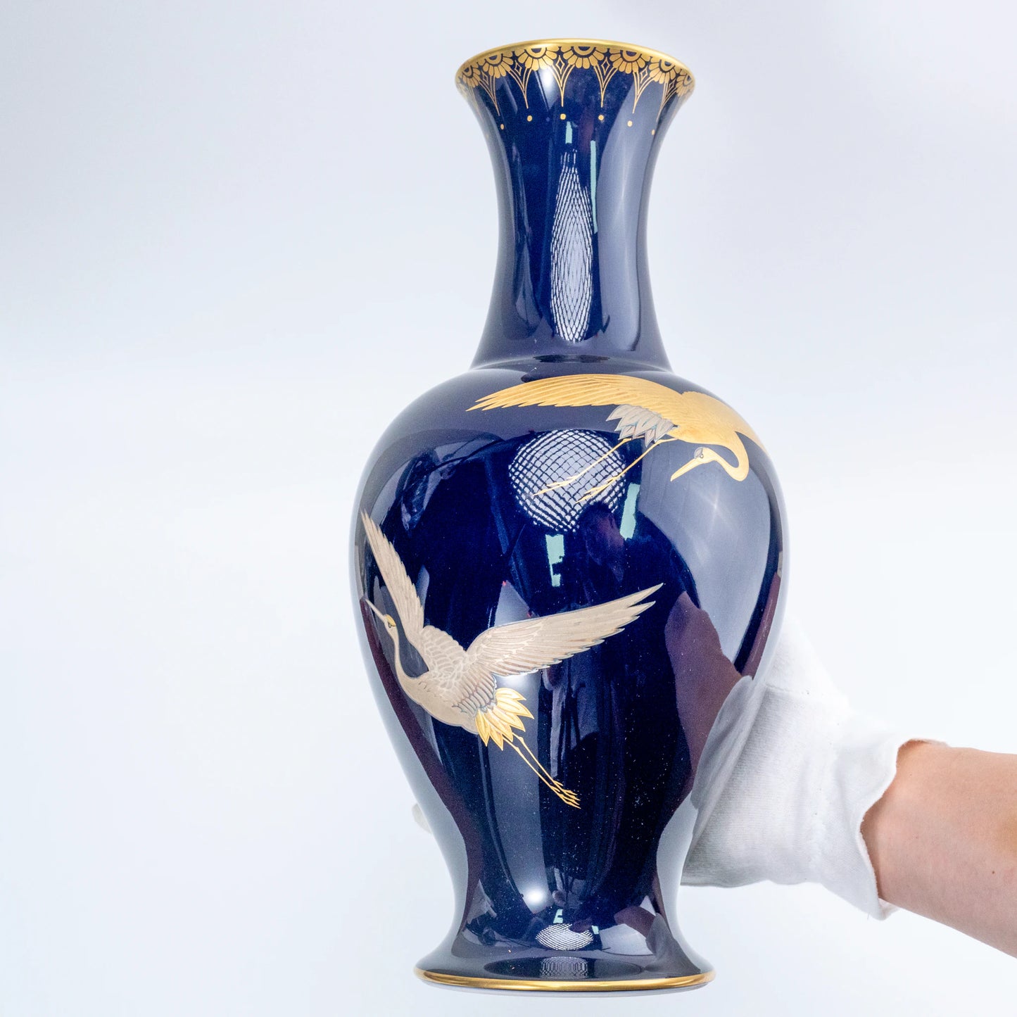 Vintage Koransha Ruri Cobalt Crane Vase — Gold & Silver Tsuru Pair, Arita Porcelain Kabin