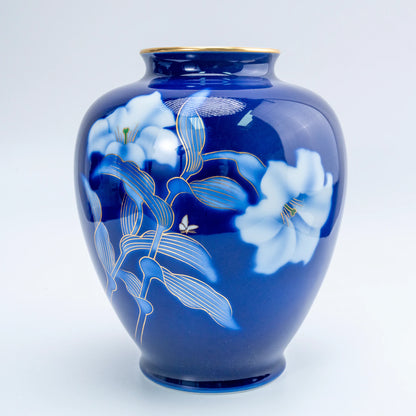 Vintage Fukagawa Seiji Ruri kobaltblaue Vase – Lilie & Schmetterling Sometsuke, Arita-Porzellan-Kabin (Ansicht 7)