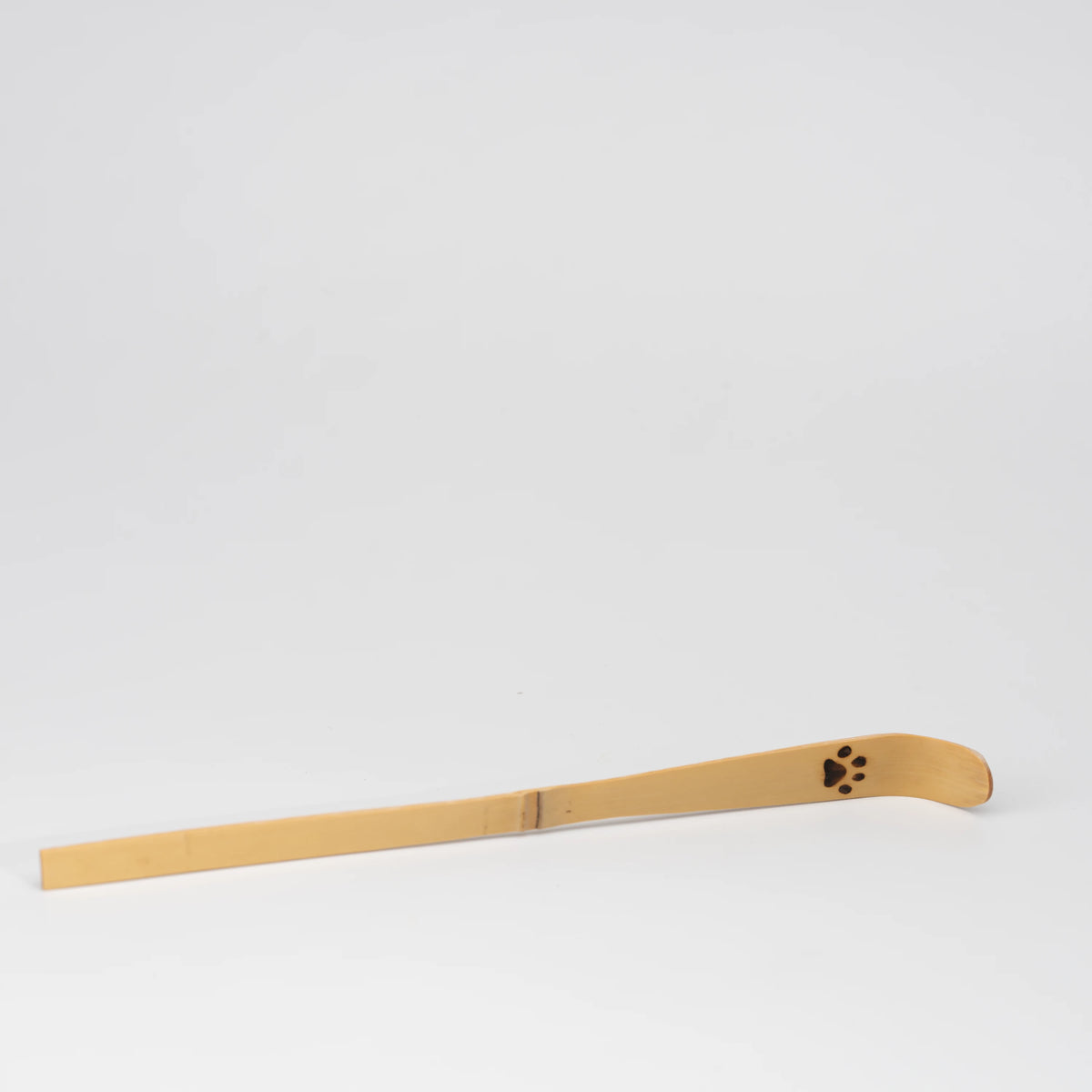 Paw-print bamboo matcha scoop, whole view on a neutral background.