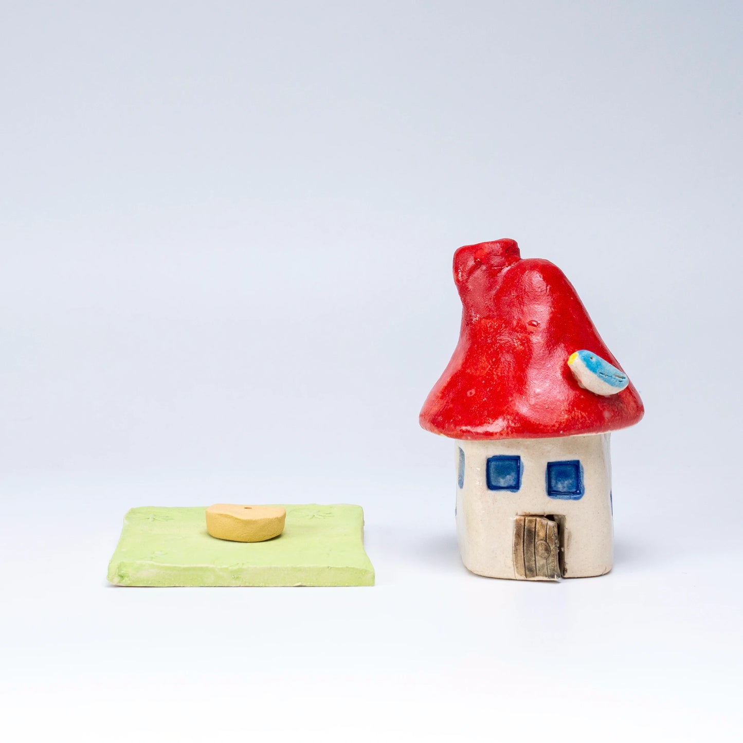 Mino-yaki Incense Burner Set — Handmade Ceramic Mushroom House with Chimney & Bird