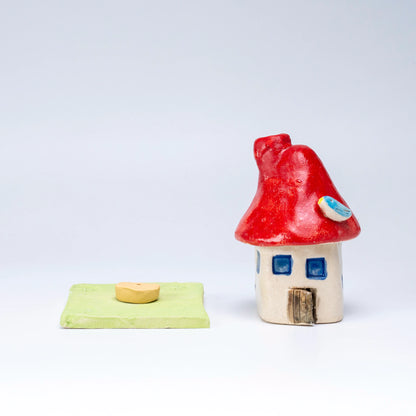 Mino-yaki Incense Burner Set — Handmade Ceramic Mushroom House with Chimney & Bird