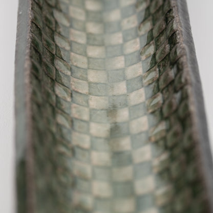 Green mosaic incense holder, green and cream checker detail.