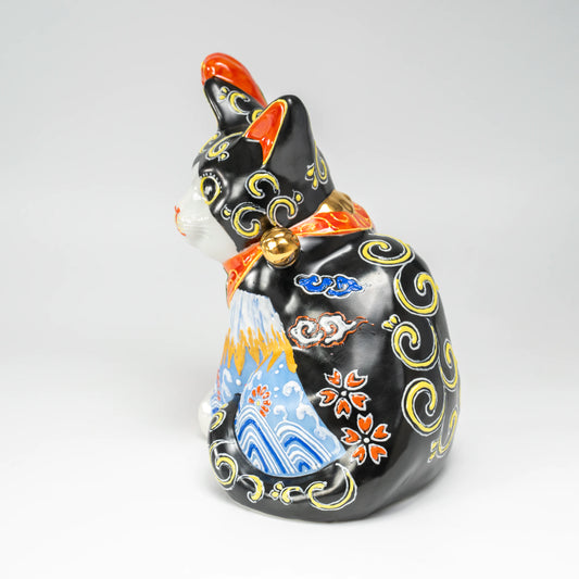 Kutani-yaki Black Maneki-neko — Hand-Painted Porcelain Lucky Cat, White Fuji & Kikusui Motif