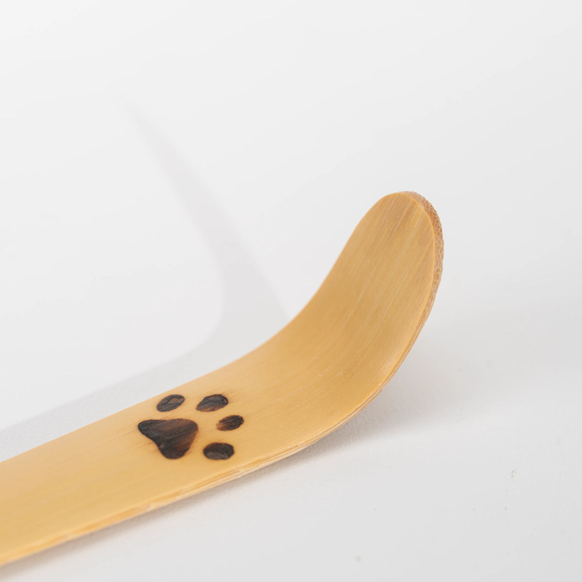 Paw-print bamboo matcha scoop, paw print at the curved scoop tip.