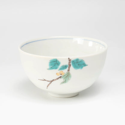 Kutani-yaki Rice Bowl — Hand-Painted Mejiro Bird Porcelain Chawan (White-Eye on Branch)