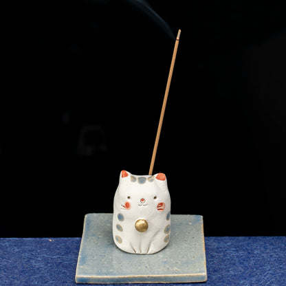 Handmade Ceramic Cat Incense Holder — Kawaii Mino-ware Neko Stick Stand with Dish