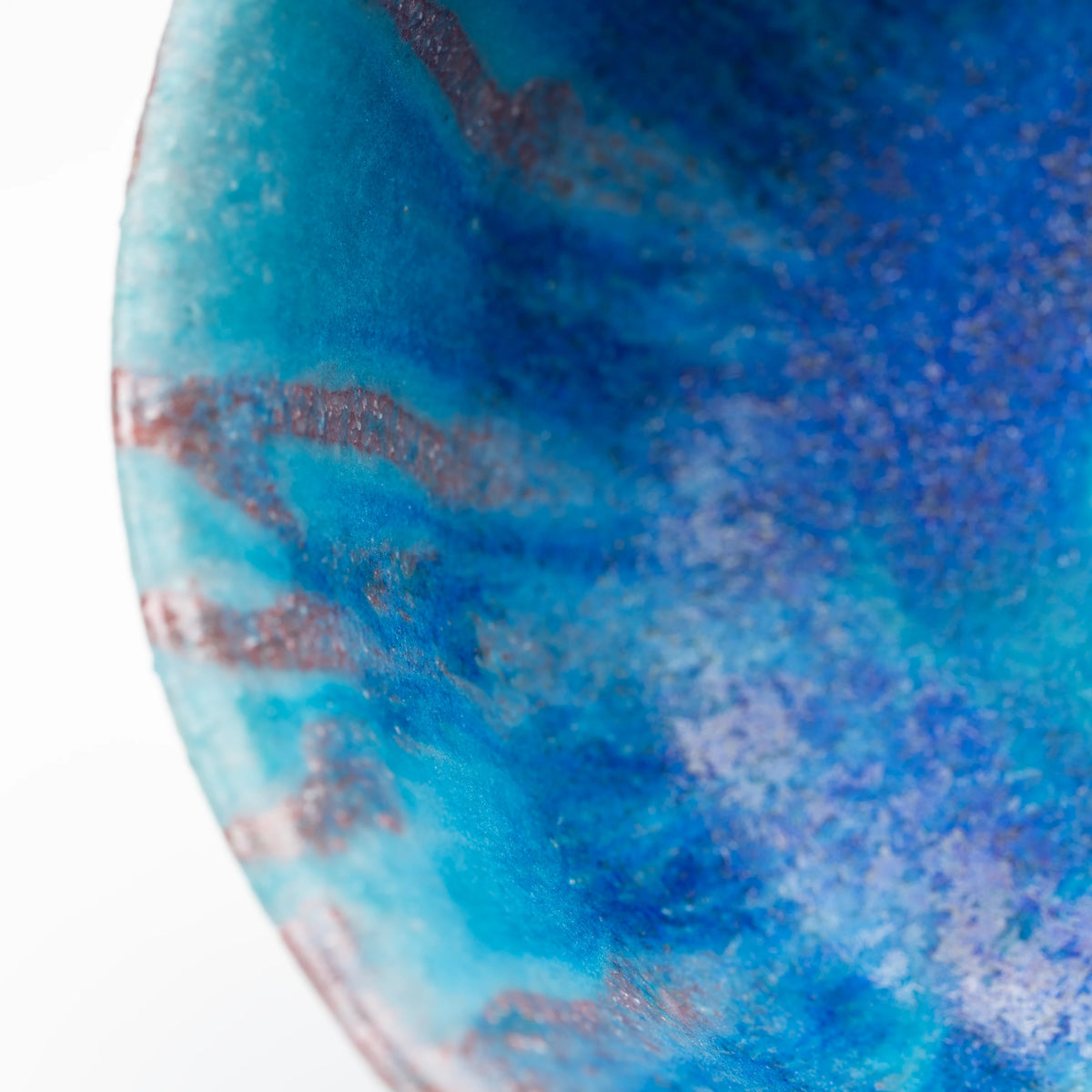Blue Tsuyukusa matcha bowl, blue glaze and purple-brown band detail.