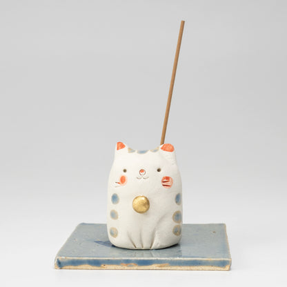 Handmade Ceramic Cat Incense Holder — Kawaii Mino-ware Neko Stick Stand with Dish