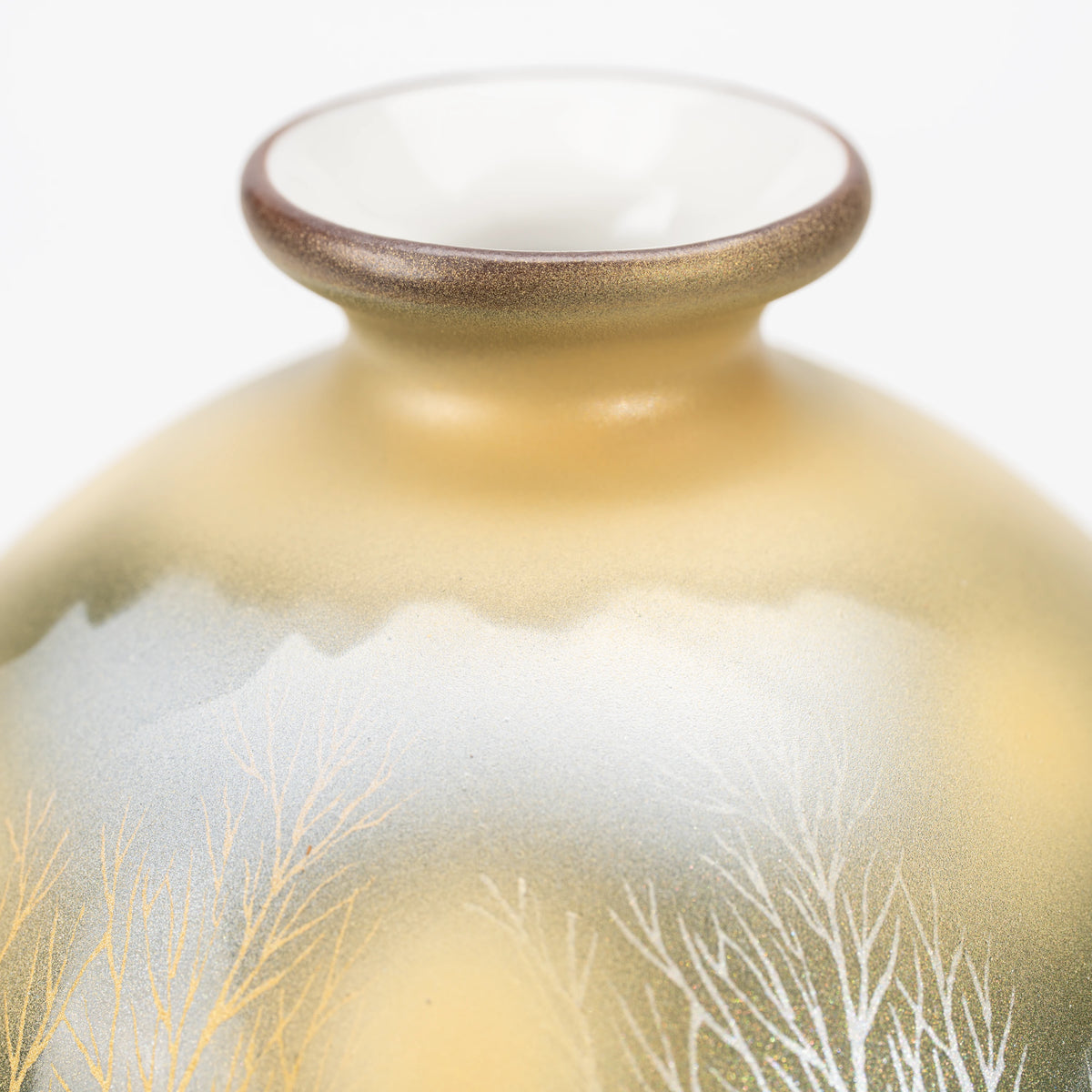Olive green tree motif bud vase, narrow neck and flared mouth.