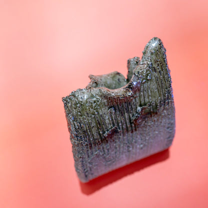 Low angled view of a Shigaraki ware bud vase showing the opening and side texture
