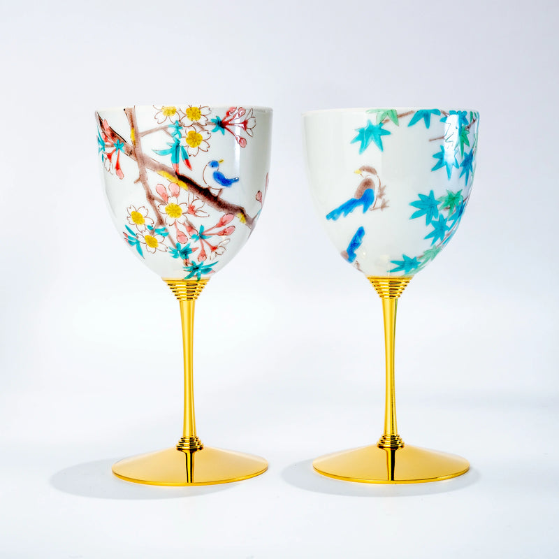 Kutani porcelain wine cup set of 2 with hand-painted bird and seasonal motifs on gold stems