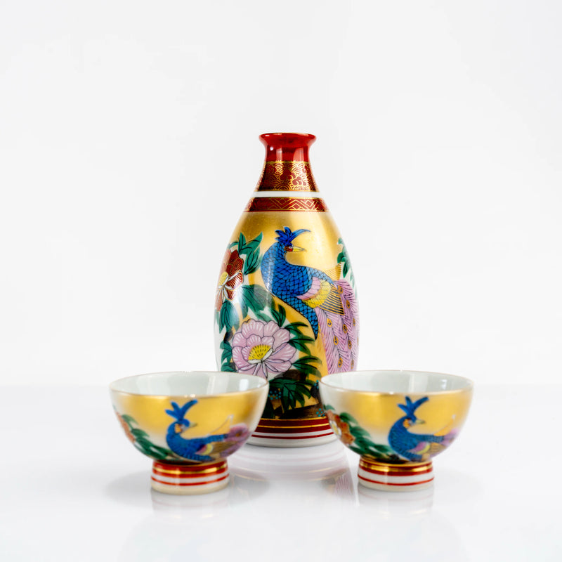 Kutani peacock and peony sake set with one tokkuri and two ochoko cups, front view
