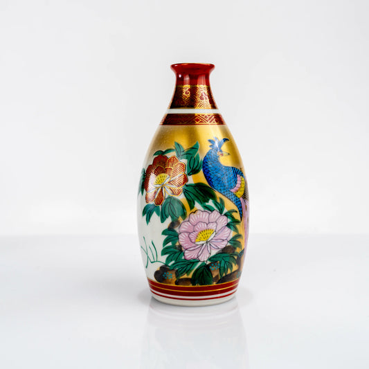 Single Kutani peacock and peony tokkuri bottle front view