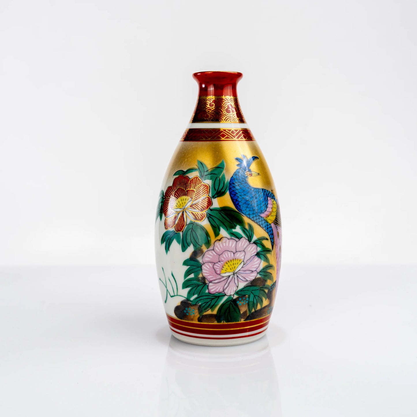 Single Kutani peacock and peony tokkuri bottle front view