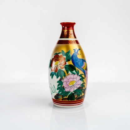 Single Kutani peacock and peony tokkuri bottle front view