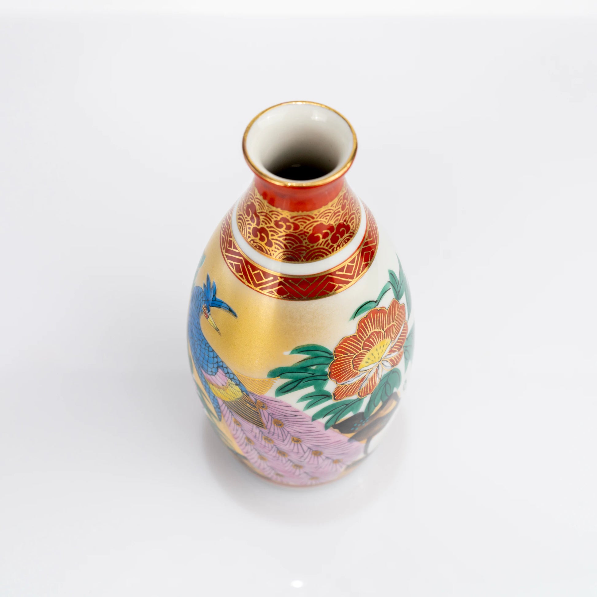 Top view of Kutani peacock and peony tokkuri bottle opening