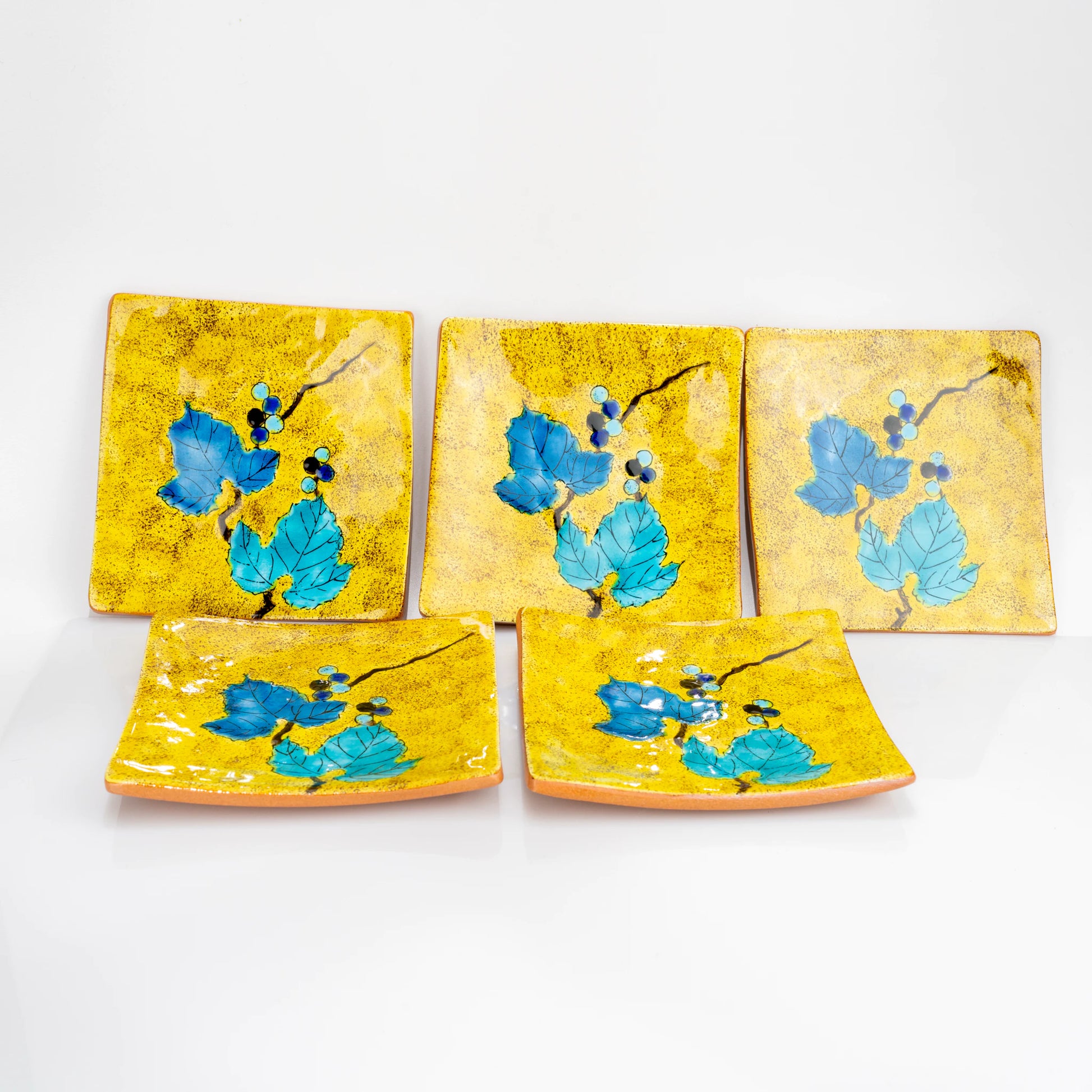 Kutani wild grape square plate set of 5 displayed together