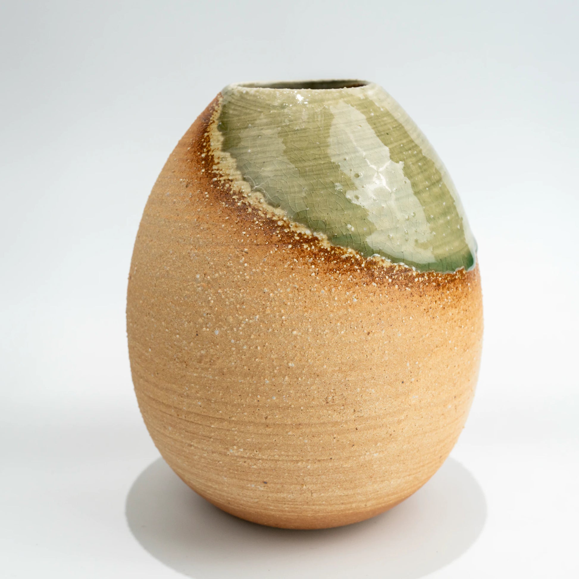Back view of rounded Shigaraki pottery egg vase