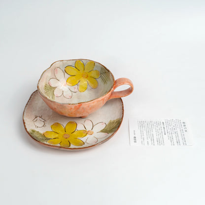 Seto-Yaki Cup & Saucer Set — Hand-Painted Floral Tripod Coffee Cup 11.6cm