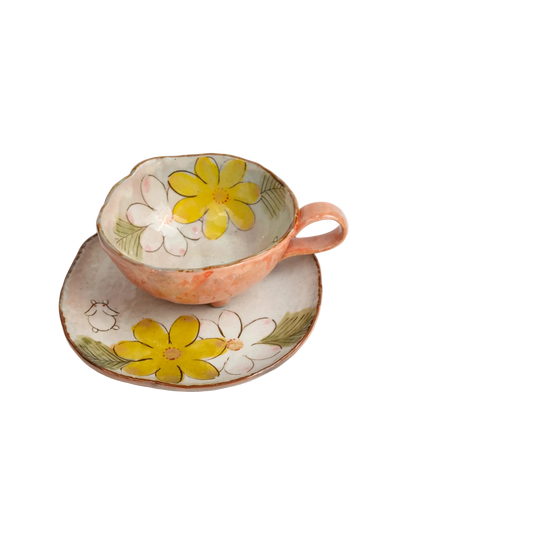 Seto-yaki Tassen- & Untertassen-Set – handbemalte florale Dreifuß-Kaffeetasse, 11,6 cm