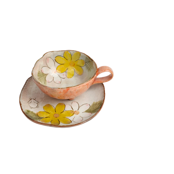 Seto-yaki Cup & Saucer Set — Hand-Painted Floral Tripod Coffee Cup 11.6 cm