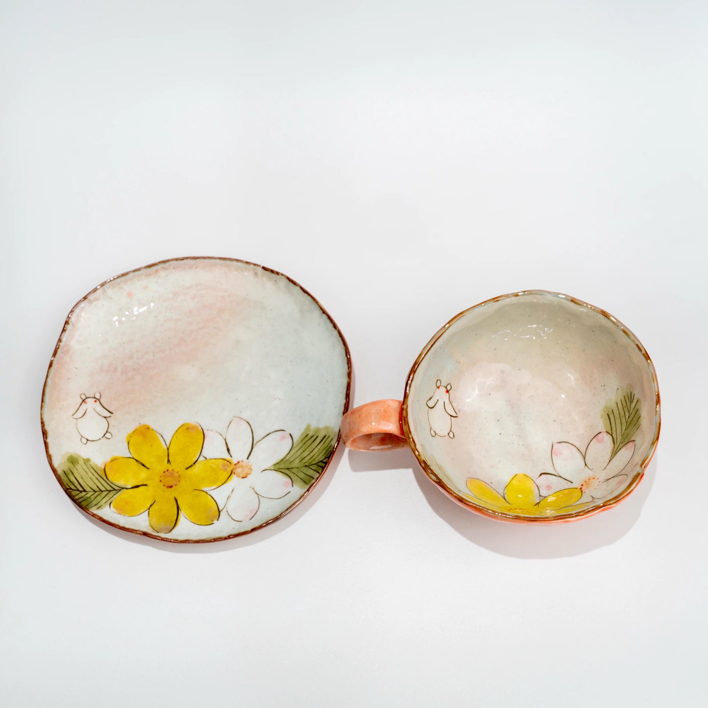 Seto-Yaki Cup & Saucer Set — Hand-Painted Floral Tripod Coffee Cup 11.6cm